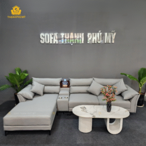 Sofa Góc Kèm Khay Ly Màu Xám Da Tẩy Mực Tại Buôn Ma Thuột