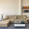 Sofa Góc Da Chống Trầy Cao Cấp Màu Be Tay Vịn Ốp Gỗ
