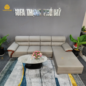 Sofa Góc Da Chống Trầy Màu Ghi Ốp Gỗ - Tại Buôn Ma Thuột