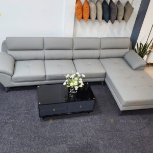 Sofa Góc Da Màu Xám Sáng Đệm Nhấn Nút Tay Vịn Thấp