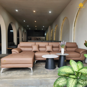 Sofa Góc Da Màu Nâu Đệm Nhấn Nút Tay Vịn Thấp