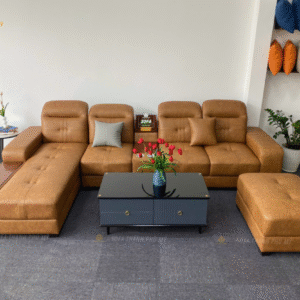 Sofa Góc Tích Hợp Khay Ly Màu Nâu Vàng Loang Tại Sofa Đà Lạt